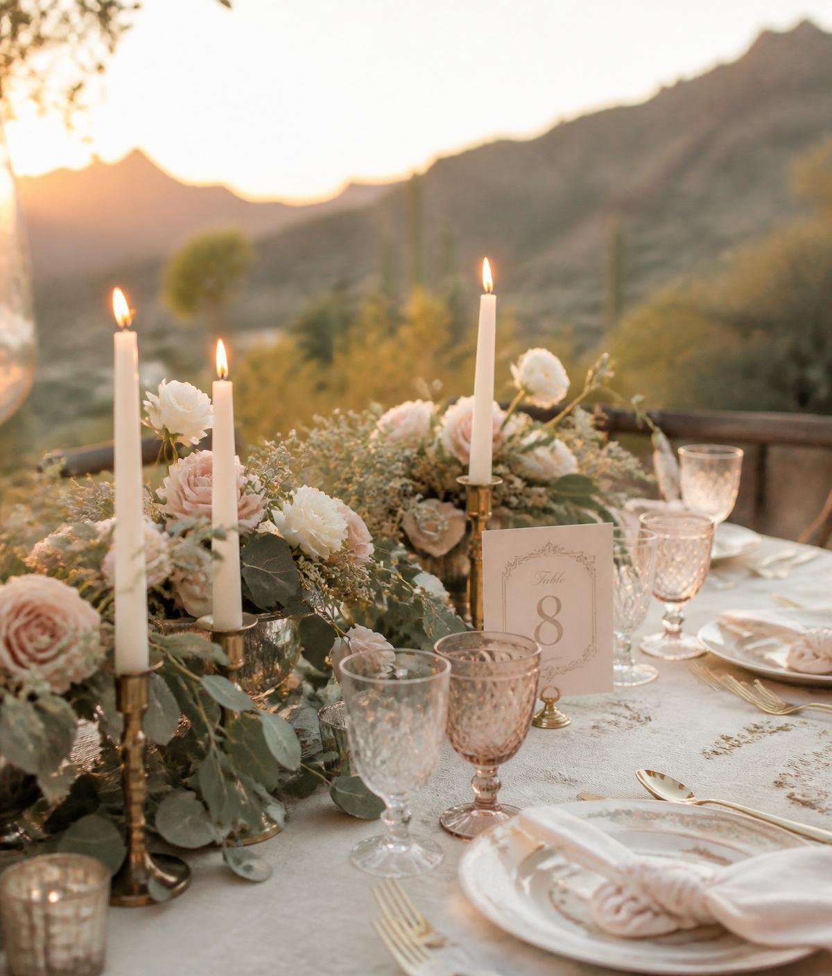 Elegant Arizona wedding reception table with blush roses, candles and desert sunset backdrop